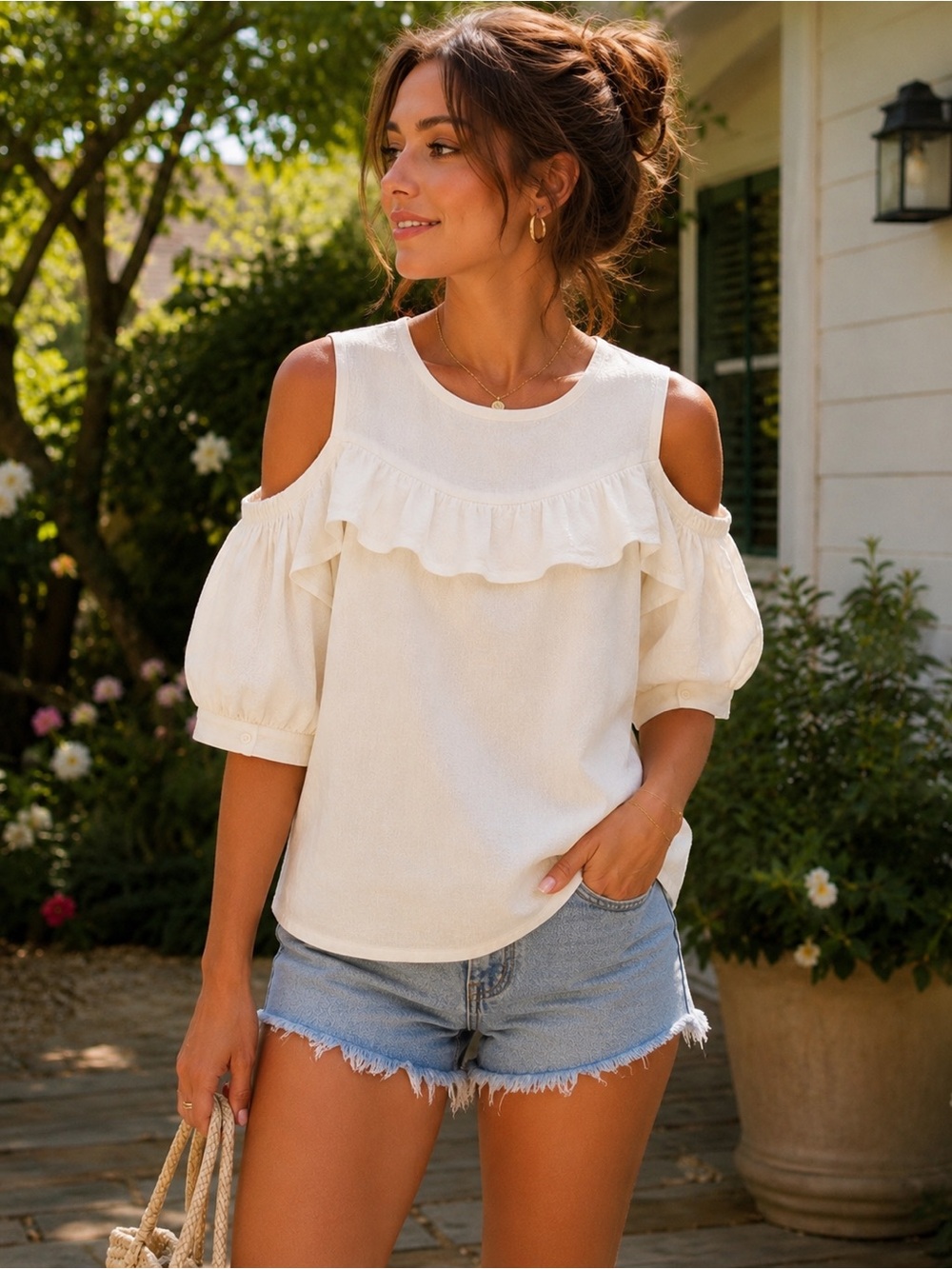 Cold-Shoulder Ruffle Blouse in Cream by
